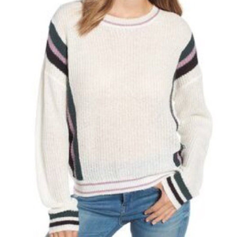 BP Ivory tipped womens white new crew neck knit stripe long sleeve sweater small